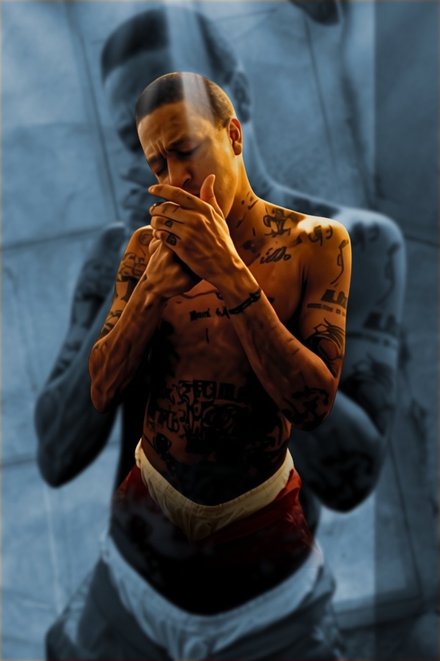 Tattooed creator in a reflective double-exposure portrait